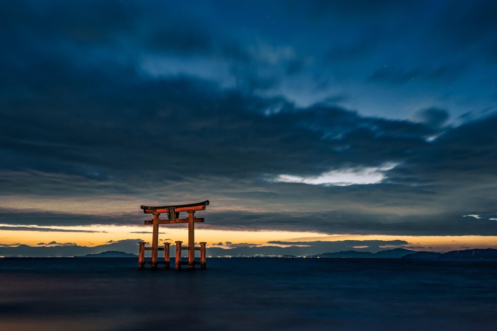 torii, lake, twilight, dawn, sunrise, nature, before the dawn, scenic, japanese gate, shirahige shrine, shinto shrine, lake biwa, shiga prefecture, japan