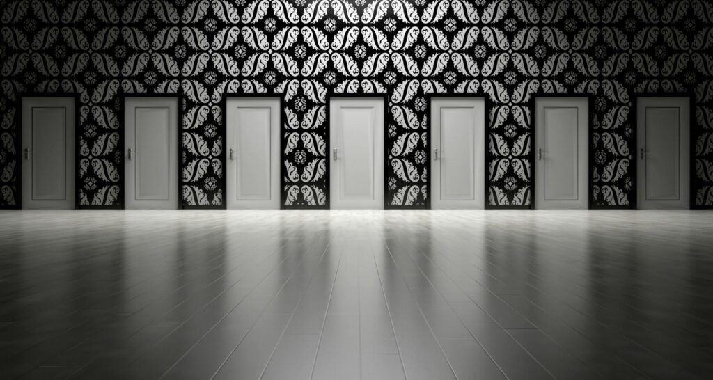 Five closed doors in a black and white ornate hallway symbolizing opportunities and decisions.